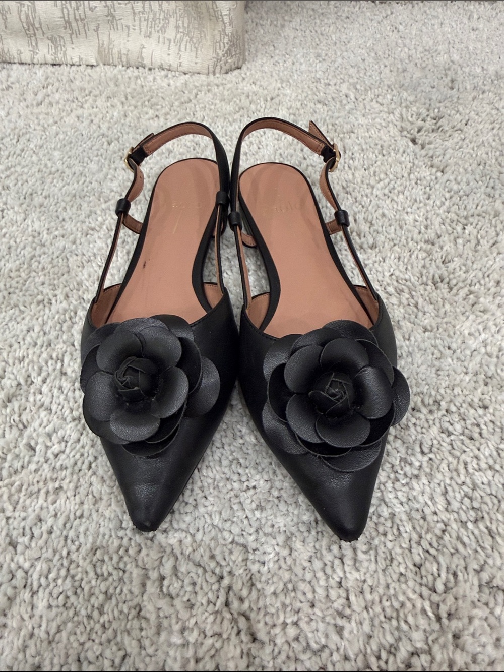 Paolo Black Pointed Slingback Flats with Floral Applique